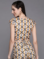 Women Mustard Geometric Print Cap Sleeves Crop Top