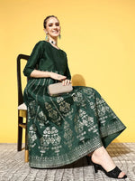 Women Emerald Green Foil Print Anarkali Dress