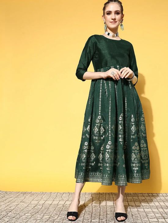 Women Emerald Green Foil Print Anarkali Dress