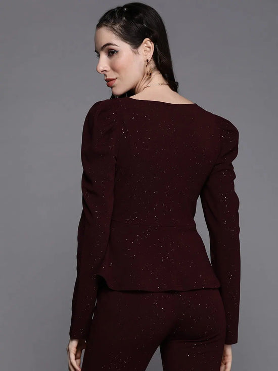 Women Burgundy Shimmer Full Sleeves Peplum Top