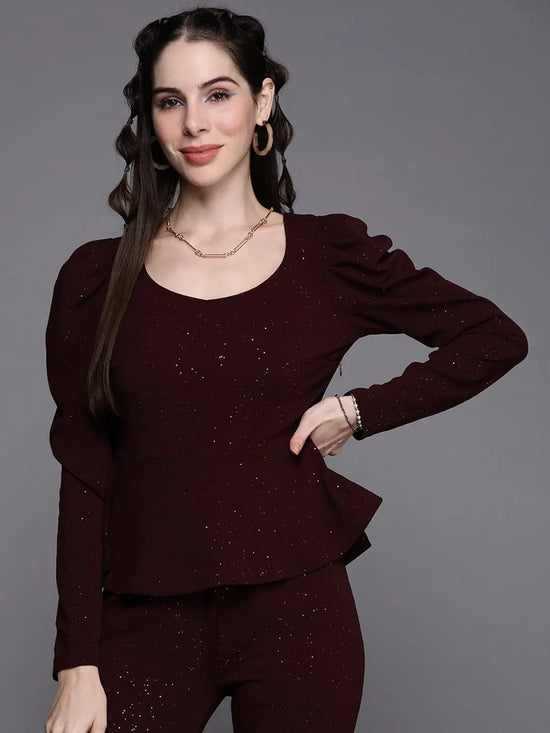 Women Burgundy Shimmer Full Sleeves Peplum Top