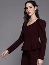 Women Burgundy Shimmer Full Sleeves Peplum Top