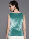 Women Sea Green Velvet Cowl Neck Sleeveless Top