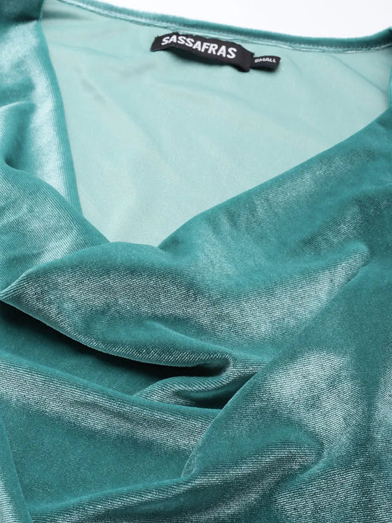 Women Sea Green Velvet Cowl Neck Sleeveless Top