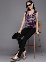 Women Purple Velvet Cowl Neck Sleeveless Top