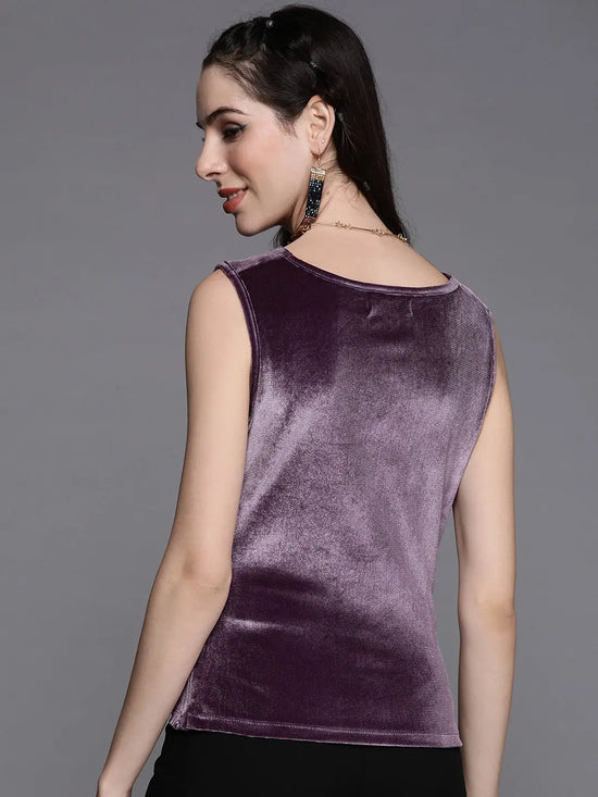 Women Purple Velvet Cowl Neck Sleeveless Top