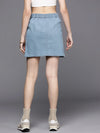 Women Ice Blue Denim Side Slit Mini Skirt