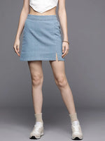 Women Ice Blue Denim Side Slit Mini Skirt