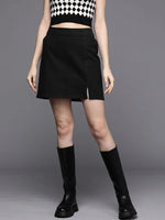 Women Black Denim Side Slit Mini Skirt