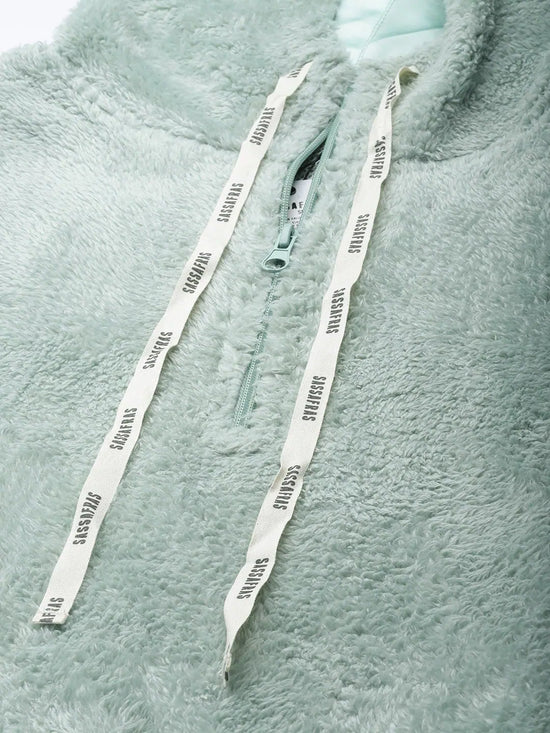 Women Sea Green Faux Fur Hoodie