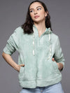 Women Sea Green Faux Fur Hoodie