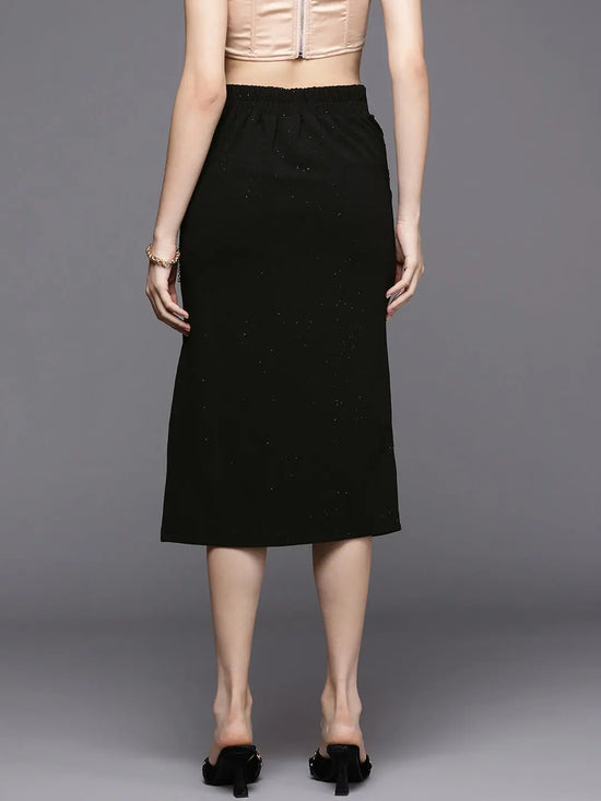 Women Black Shimmer Side Ruched Skirt