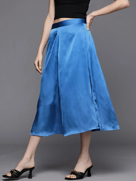 Women Blue Satin Front Slit Flared Midi Skirt