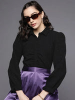 Women Black Shimmer Fitted Ruched Shirt