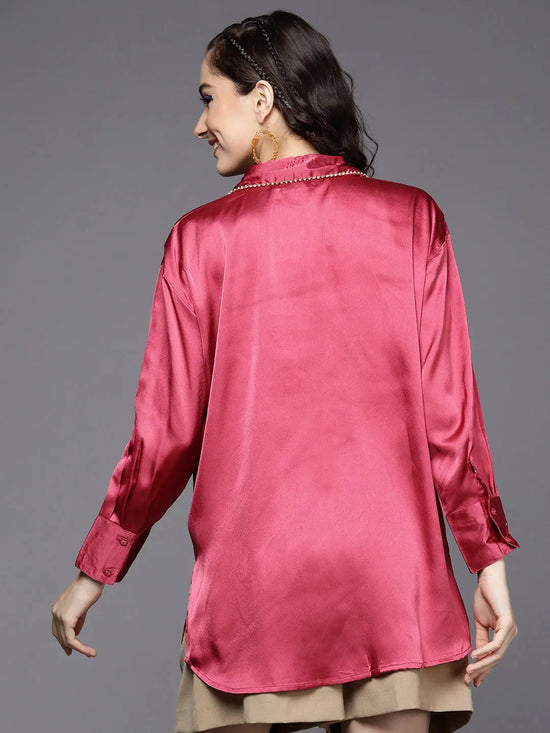 Women Pink Satin Longline Shirt