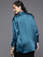 Women Teal Satin Longline Shirt