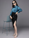 Women Teal Satin Longline Shirt