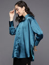 Women Teal Satin Longline Shirt