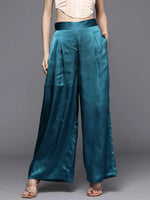 Women Teal Satin Pleated Wide Leg Pants