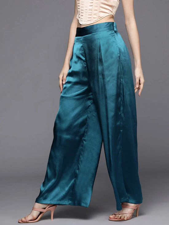 Women Teal Satin Pleated Wide Leg Pants