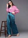 Women Teal Satin Pleated Wide Leg Pants