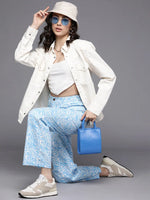 Women Blue Abstract Print Twill Straight Pants