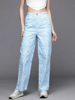 Women Blue Abstract Print Twill Straight Pants