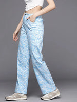 Women Blue Abstract Print Twill Straight Pants