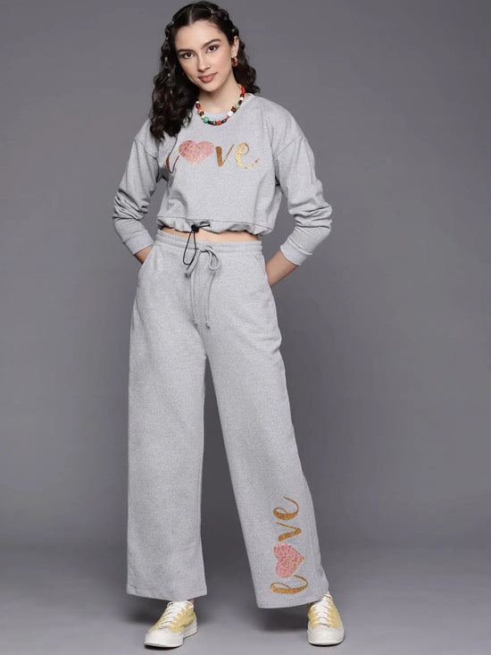 Women Grey Melange LOVE Sweatshirt With Track Pants