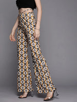 Women Mustard Geometric Waist Tie Bellbottom Pants