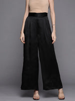 Women Black Satin Pleated Wide Leg Pants