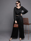 Women Black Satin Pleated Wide Leg Pants