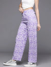 Women Purple Abstract Print Twill Straight Pants