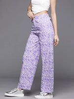 Women Purple Abstract Print Twill Straight Pants