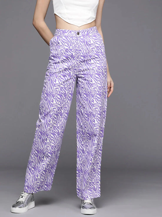 Women Purple Abstract Print Twill Straight Pants