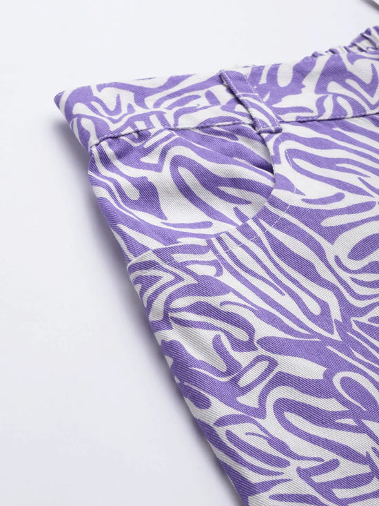 Women Purple Abstract Print Twill Straight Pants