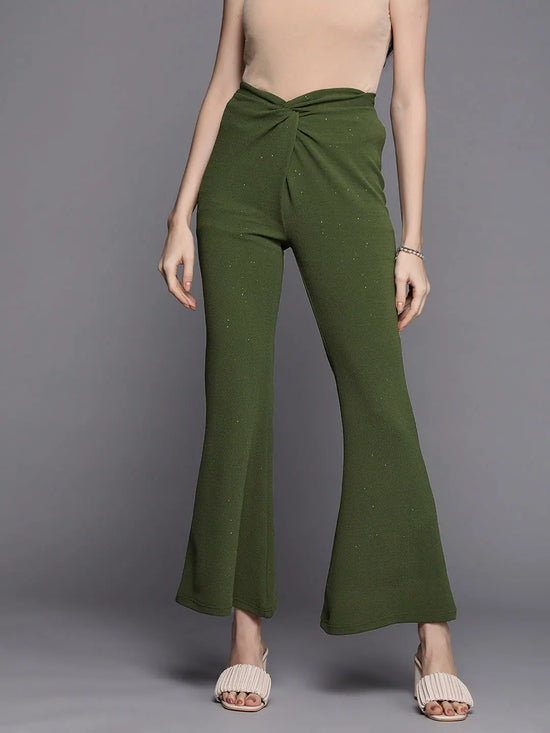 Women Olive Shimmer Twisted Bellbottom Pants