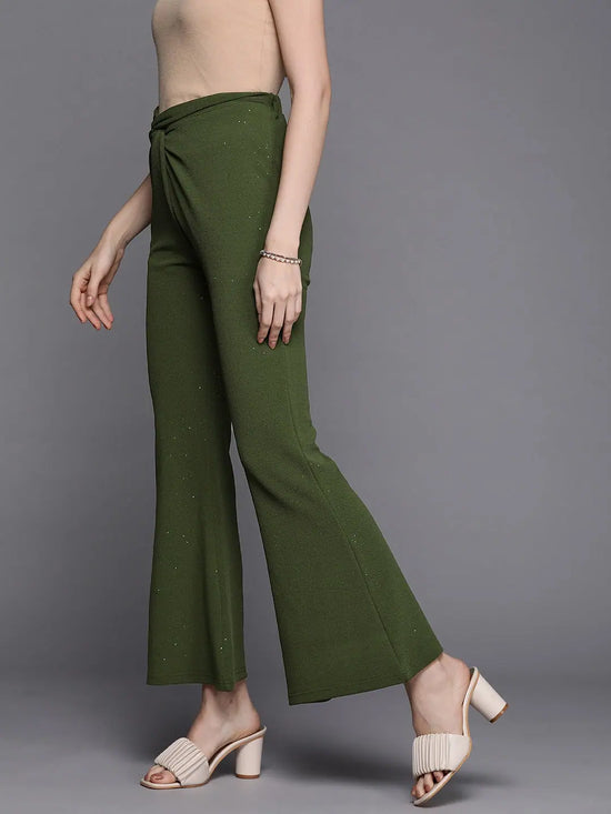 Women Olive Shimmer Twisted Bellbottom Pants