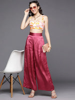 Women Pink Satin Pleated Wide Leg Pants