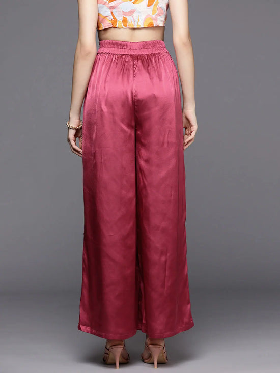 Women Pink Satin Pleated Wide Leg Pants