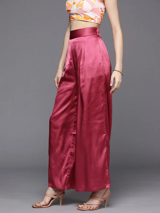 Women Pink Satin Pleated Wide Leg Pants