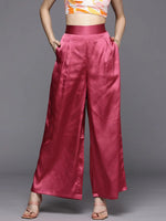 Women Pink Satin Pleated Wide Leg Pants