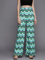 Women Blue Chevron Waist Tie Bellbottom Pants