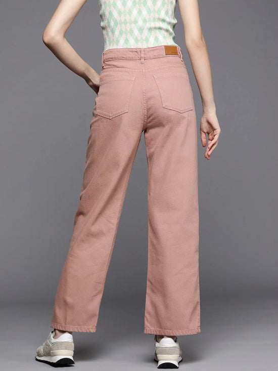 Women Peach Line Art Print Straight Jeans