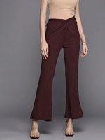 Women Burgundy Shimmer Twisted Bellbottom Pants