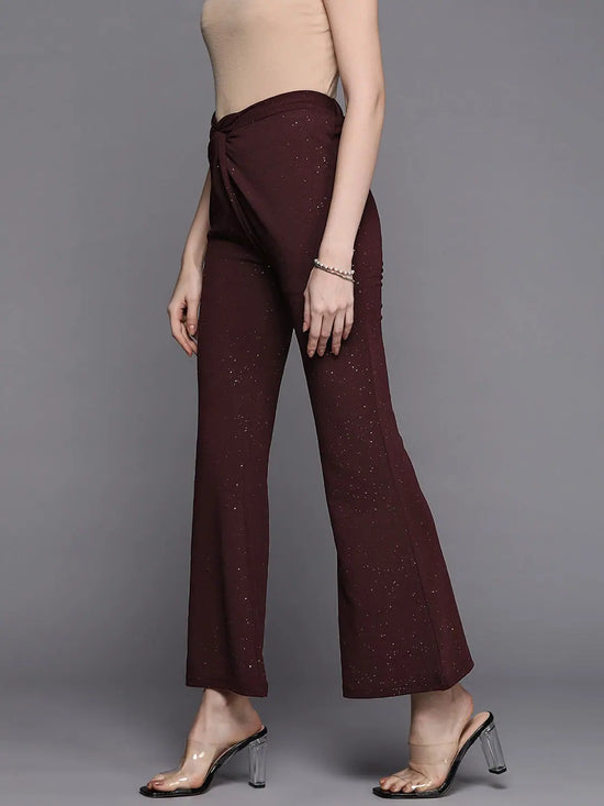 Women Burgundy Shimmer Twisted Bellbottom Pants