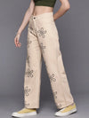 Women Beige Floral Print Straight Jeans