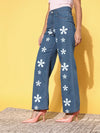 Women Blue Floral Print Straight Jeans-SFJEAN0243XS