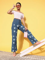 Women Blue Floral Print Straight Jeans-SFJEAN0243XS