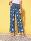 Women Blue Floral Print Straight Jeans-SFJEAN0243XS